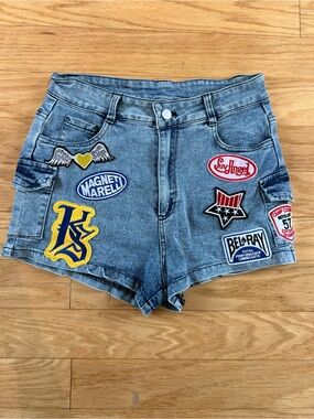 Impulsive High Waisted Patch Denim Cargo Shorts
